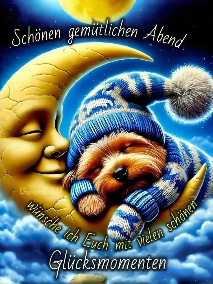 Ein süßes Bild von einem Hund in Mütze auf einem Mond, umgeben von Wolken und Sternen